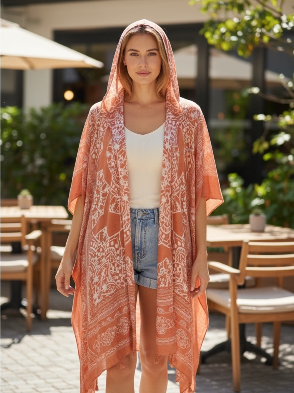 Lightweight Hooded Swim Cover-Up in Dusty Orange